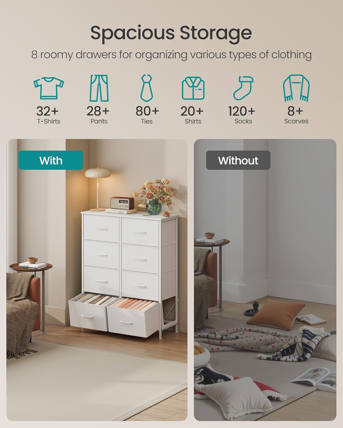 SONGMICS Dresser - 8-Drawer Storage Organizer Unit in Cloud White & Snow White | Durable Steel & MDF Design