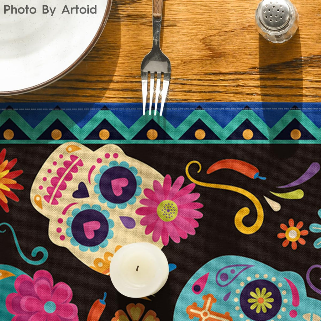 Artoid Mode Suger Skulls Floral Day of The Dead Table Runner, Halloween Seasonal Kitchen Dining Table Decoration for Home Party Decor 13x90 Inch