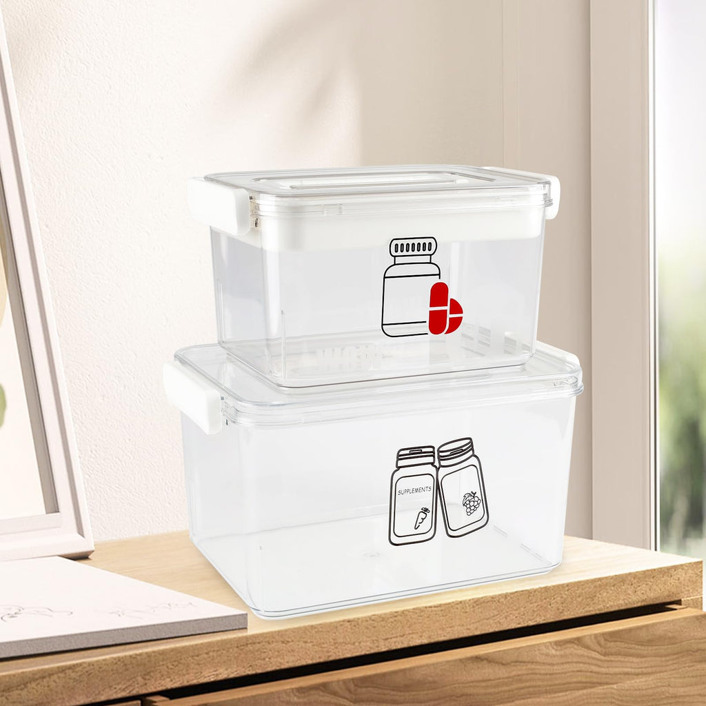 Xbopetda First Aid Box Empty and Vitamin Bottle Organizer Set, Clear Plastic Medical Box with Snap-Off Lid & Handle for Supplements Medicine Storage