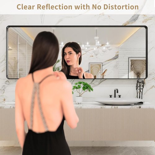 LOAAO Black Metal Framed Bathroom Mirror - Large 84x32 Inch Rounded Rectangle, Anti-Rust Tempered Glass, Versatile Hang Options