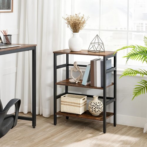 HOOBRO 3 Tier Bookshelf, 23.6" L Industrial Bookcase, Record Storage Rack with Side Fence, Storage Shelf with Metal Frame, Rustic Open Display Shelf for Living Room, Bedroom, Rustic Brown BF86CJ01G1