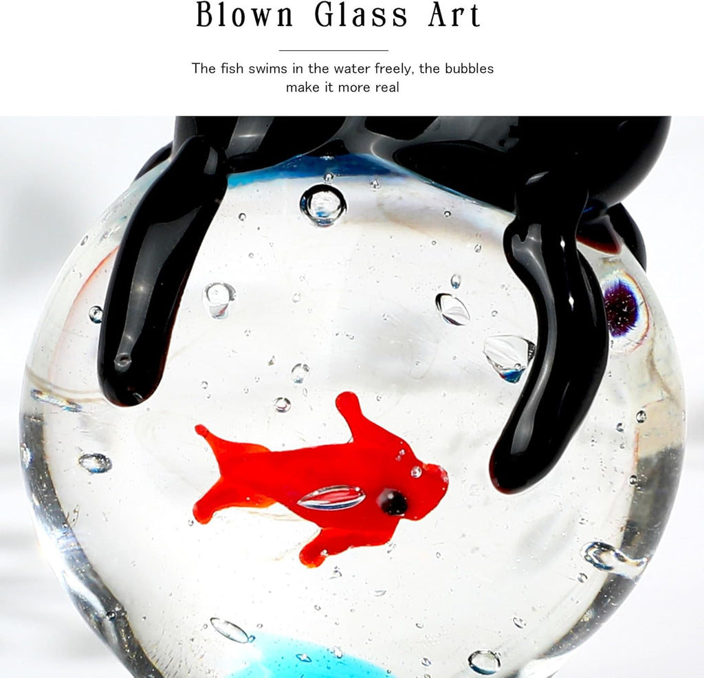 QFkris Blown Glass Black Cat Figurine - 1.6” Mini Glass Sculpture | Unique Cat and Fish Art Collectible for Home Decor & Gifts