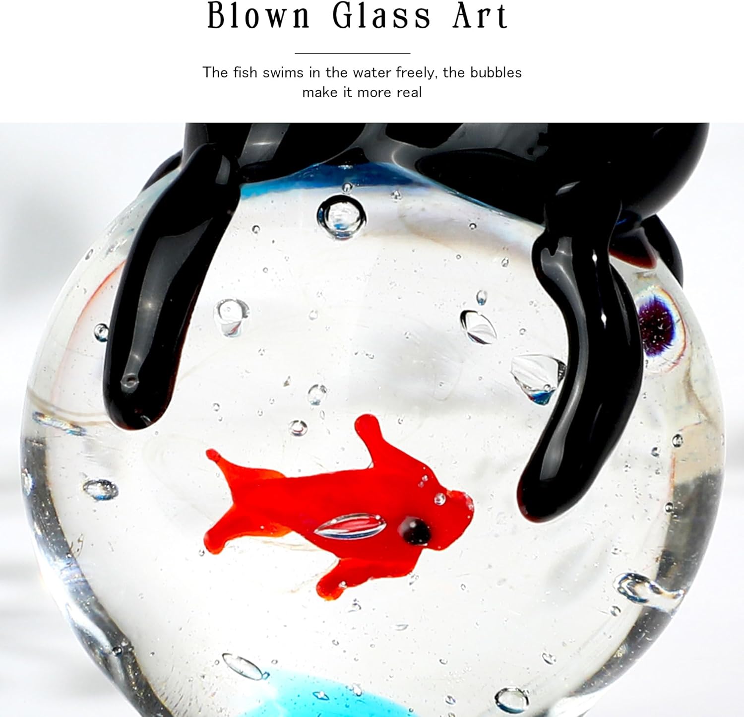 QFkris Blown Glass Black Cat Figurine - 1.6” Mini Glass Sculpture | Unique Cat and Fish Art Collectible for Home Decor & Gifts