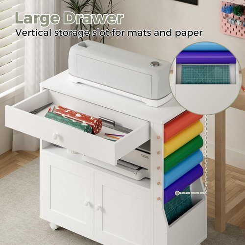 Kikihouse Craft Organizer Cart - Storage Cabinet for Cricut with Drawers & 30 Vinyl Roll Holder | Ideal for Home Craft Room