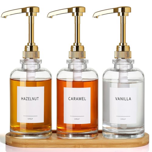 ALPIRIRAL Coffee Syrup Dispenser, Glass Syrup Pump Dispenser for Coffee Bar Accessories, Maple Syrup Bottles with Tray, 16.9 fl oz Simple Syrup Bottles with 1/4oz Large Capacity Gold Pump