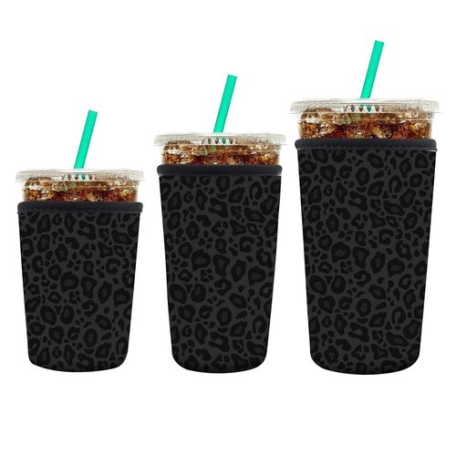 AUEKLLW 3 Pack Reusable Neoprene Insulator Sleeve for Iced Coffee Cups, Funny Coffee Cup Sleeves for 16-32oz Coffee cups, Cute Drink Sleeve for Cold Hot Beverages Cute Black Leopard