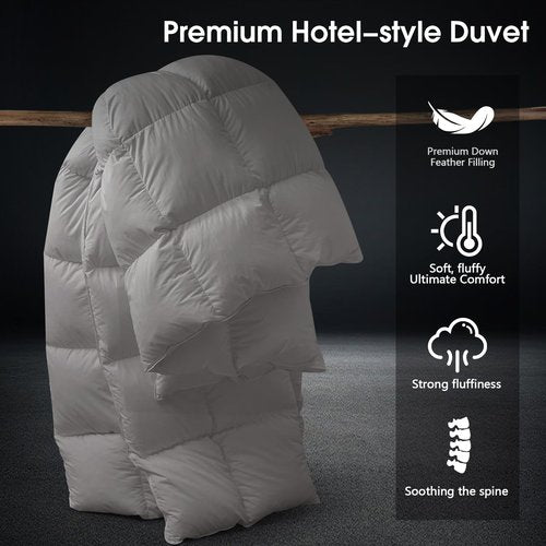 CYMULA Queen Size Feather Down Comforter - All Season Dark Grey Duvet Insert, Lightweight Box Stitched, Fluffy Breathable, Ultra Soft Quiet Hotel Style with 8 Tabs(90" x 90")