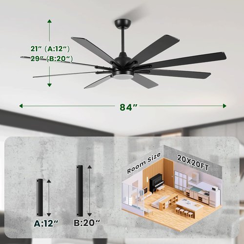 CJOY 84-Inch Low Profile Ceiling Fan - Black Flush Mount with Remote & 8-Blade DC Motor for Indoor/Outdoor Use