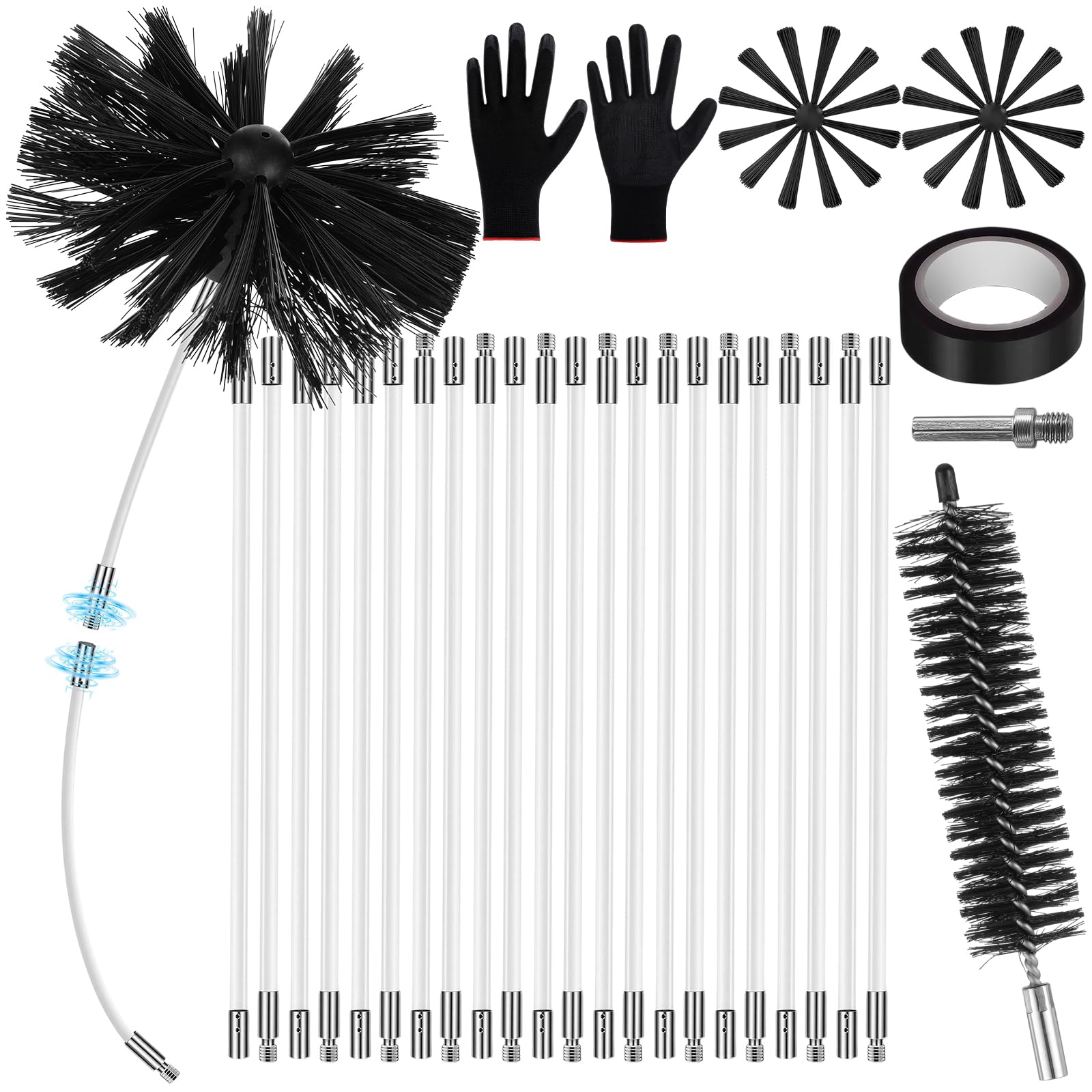 Teecyhooo 30 Feet Chimney Sweep Kit, Dryer Vent Cleaning Brush Kit, 2 Pcs 6 Inch Brush Head Chimney Sweep Tools with Flexible Nylon Rod and Glove for Flue Fireplace Sewage Pipe Hood