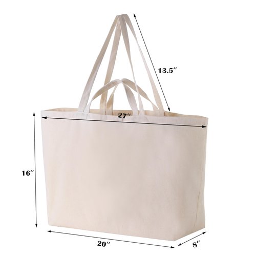 Extra Large Canvas Tote Bag - 27" X 16" X 8" Heavy Duty Reusable Shoulder Bag Personalized Custom Tote for Shopping (6, Beige)