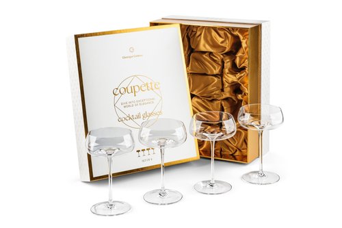 GLASSIQUE CADEAU Crystal Cocktail and Champagne Coupette Glasses | Set of 4 | 9 oz Elegant Long Stemmed Coupe Glassware for Gimlet, Espresso Martini, Daiquiri, Cosmopolitan | Fancy Round Saucers