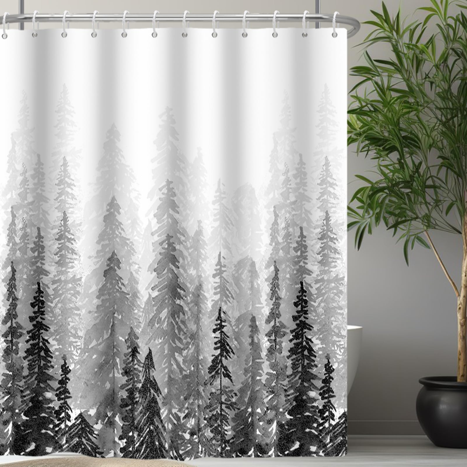 RiePoiia Black and White Misty Forest Shower Curtain for Bathroom,Waterproof Fabric Bathroom Curtains Washable Nature Pine Tree Fog Shower Curtain Set with 12 Pcs Hooks, 72x72 Inch