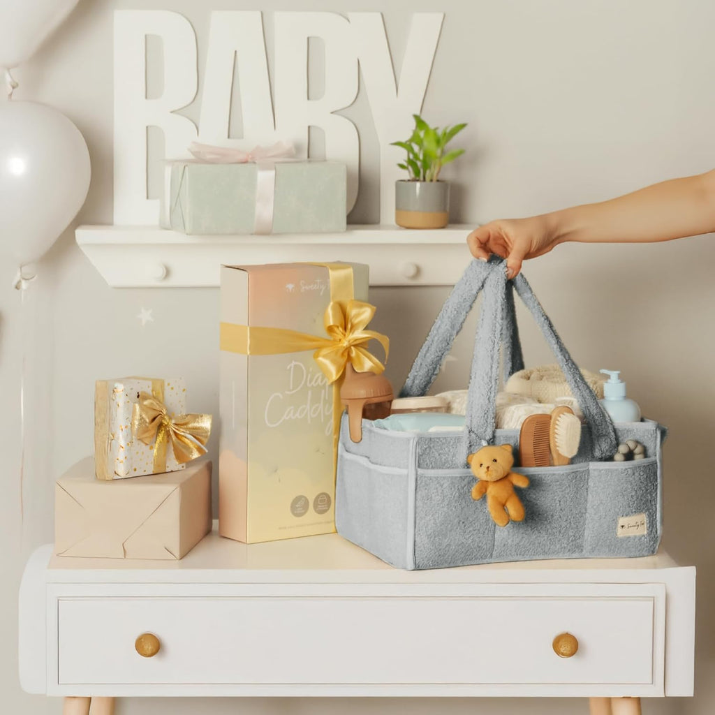 Sweety Fox Baby Diaper Caddy Organizer - Portable Sherpa Nursery Basket | Grey Car Diaper Organizer & Gift