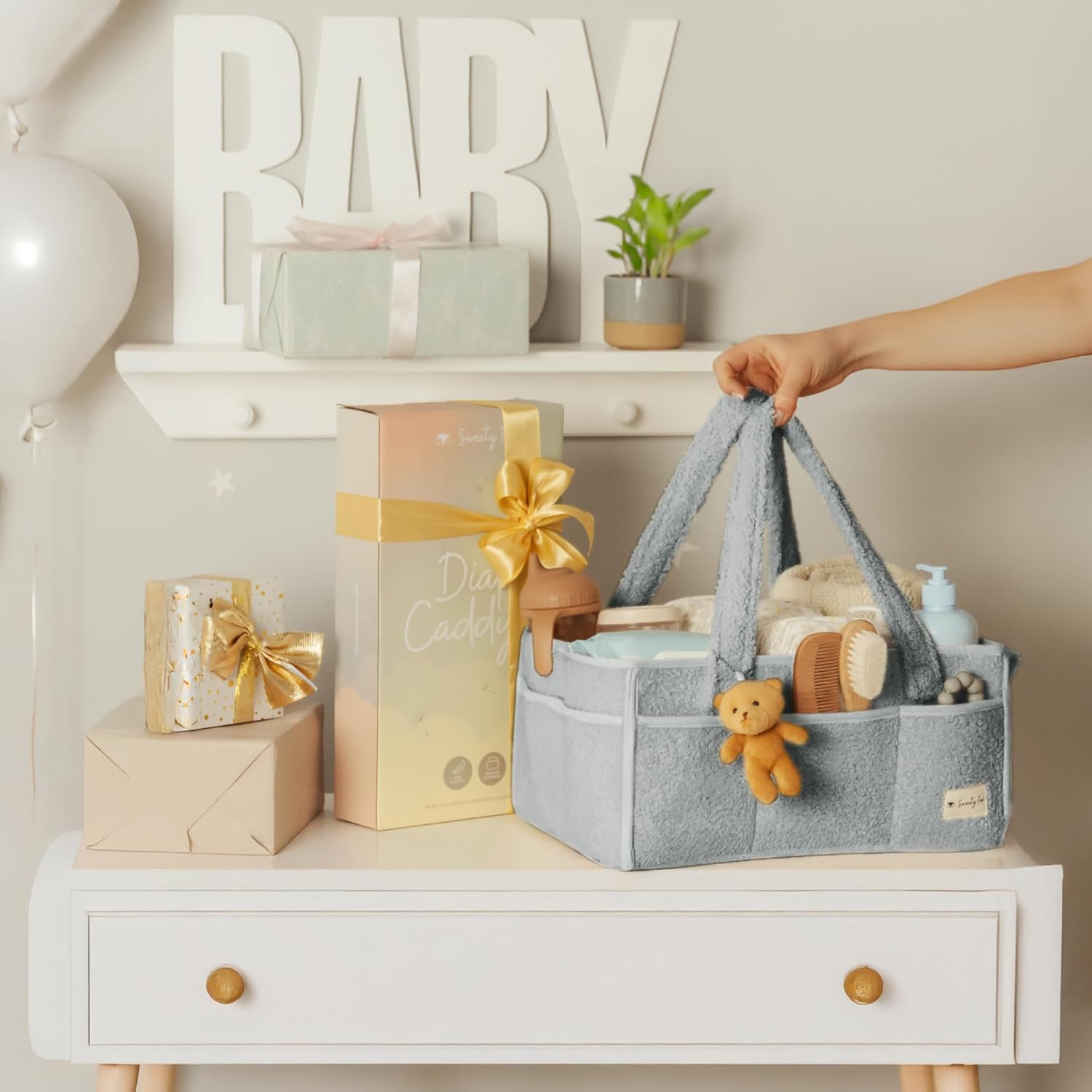 Sweety Fox Baby Diaper Caddy Organizer - Portable Sherpa Nursery Basket | Grey Car Diaper Organizer & Gift