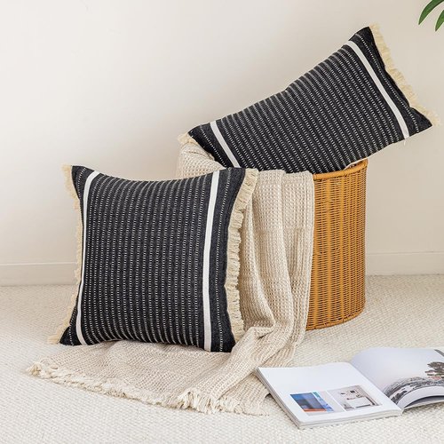 CARRIE HOME Modern Farmhouse Black Striped Lumbar Pillow Cover 12x20 with Tassels 1 Pack, Boho Decor Black and White Neutral Pillow Cover 12 x 20, Black Decorative Throw Pillows for Bed Couch Sofa