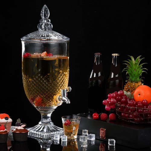 Bokon 2 Pieces Drink Dispensers for Parties Crystal Iced Beverage Dispenser with Stand and Spigot, Glass Liquid Containers Wide Mouth Beverage Server for Juice Tea Wedding
