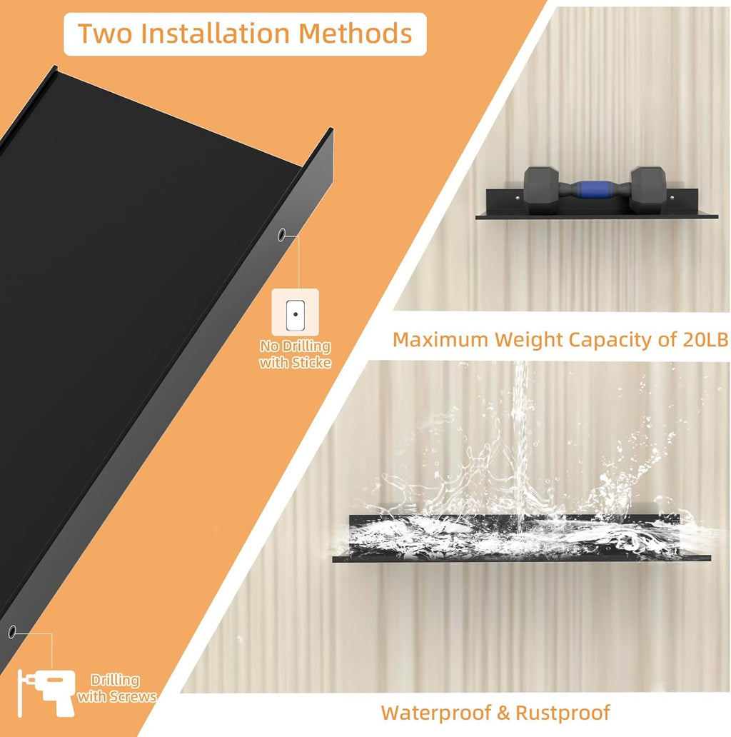Wisfame Floating Shelves - Modern Wall-Mounted Metal Shelf Set of 2 for Living Room, Bedroom & Kitchen | 15.7in Black