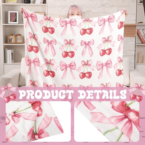 HunnmingRe Pink Bow Cherry Blanket Coquette Soft Flannel Lightweight Blanket Bows Aesthetic Preppy Cute Fuzzy Room Decor for Spring Mother's Day Bedroom Sofa Travel Bed, 50 x 60 Inch