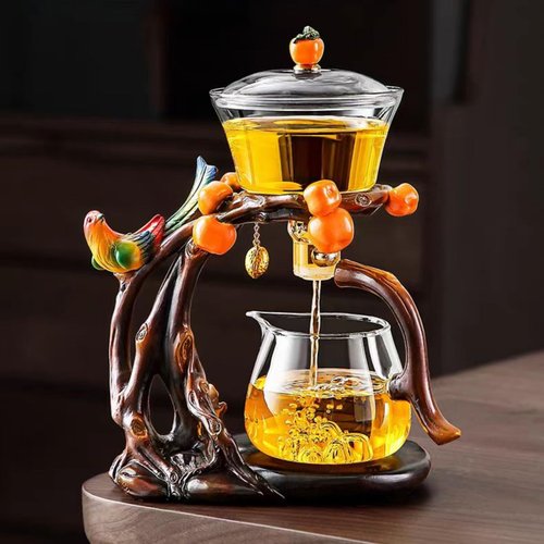 Glass Teapot with Infuser Chinese Gongfu Tea Set Bird Magnetic Semi Automatic Design for Loose Leaf Tea