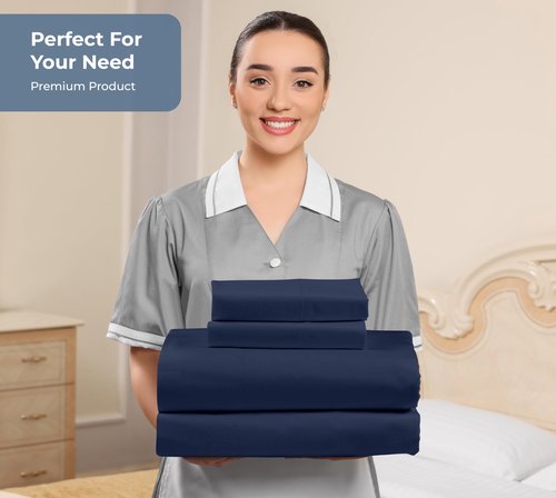 ROYALE LINENS 100% Organic Cotton Queen Sheet Set - Percale Weave - 4 Pieces Set - 1 Flat, 1 Deep Pocket Fitted Sheet and 2 Pillowcases - Navy Bed Sheets - Sábanas Queen - Crisp Cool (Navy)