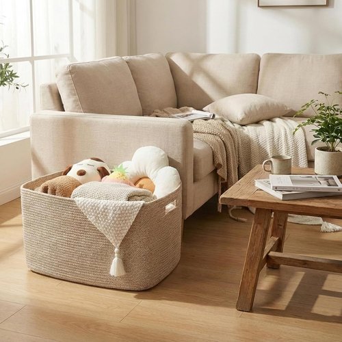 JMvicyroam Woven Blanket Basket - 65L Large Storage Bin for Toys & Clothes | Decorative Rope Design in Oatmeal