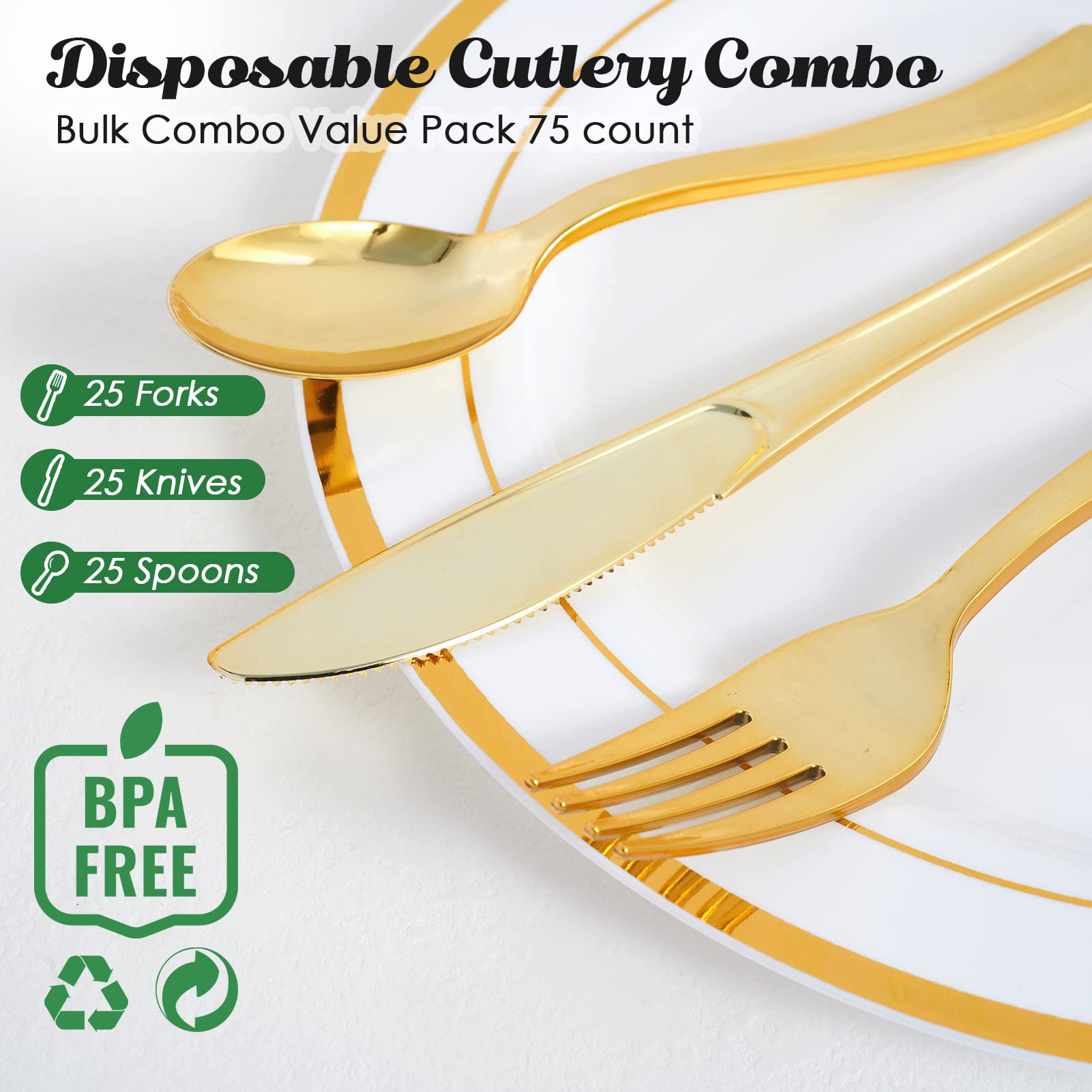 FOCUSLINE 75 Pack Gold Plastic Silverware Disposable Cutlery Set - 25 Forks Knives Spoons - Disposable Flatware Heavy Duty Plastic Utensils Set for Catering, Parties, Dinners, Weddings