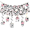 Zorpex Cow Birthday Decorations, Cute Animal Themed Happy Birthday Banner, Boy Girl Funny Party Supplies with Banner and Hanging Swirl