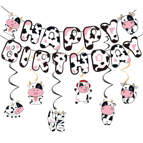 Zorpex Cow Birthday Decorations, Cute Animal Themed Happy Birthday Banner, Boy Girl Funny Party Supplies with Banner and Hanging Swirl