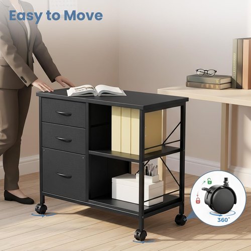 Healsmart Heavy Duty Mobile File Cabinet - 3 Fabric Drawers & Rolling Printer Stand | Black