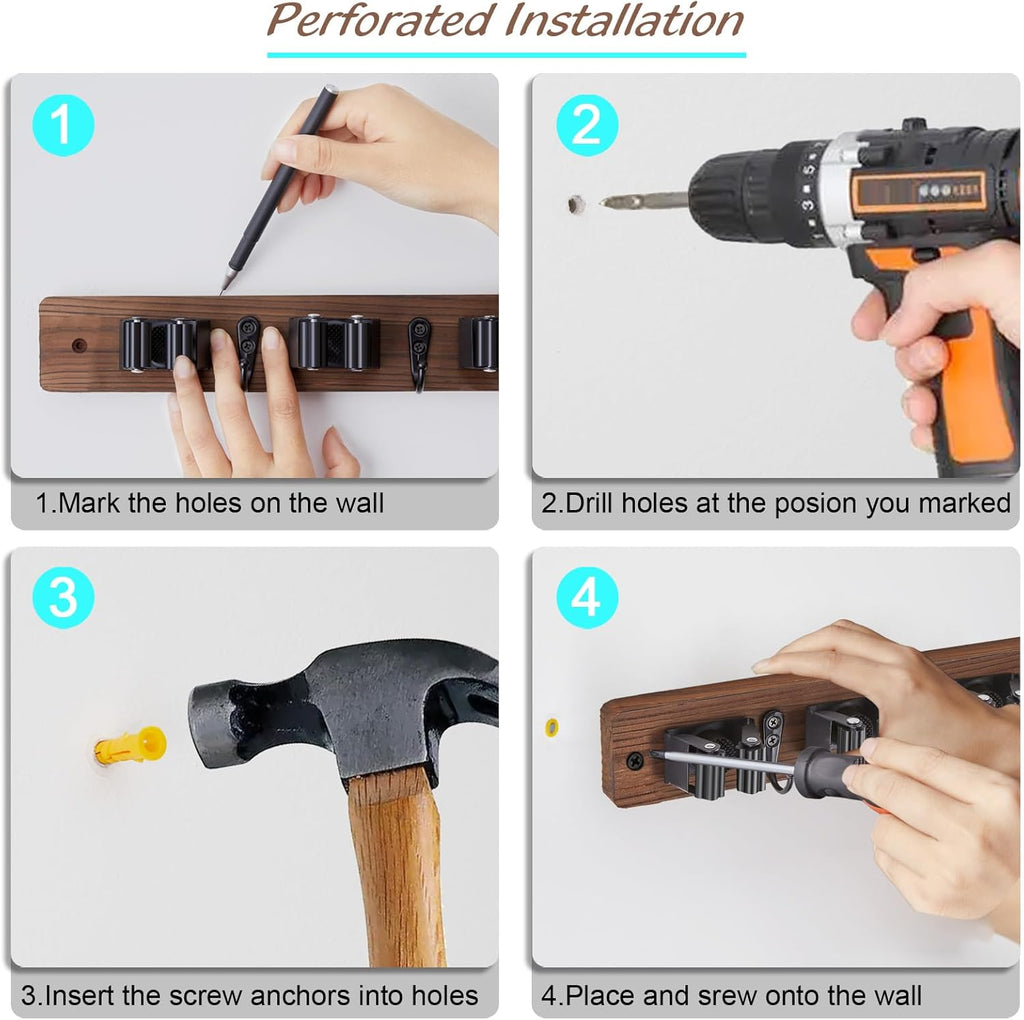 OUTNILI Mop and Broom Holder Wall Mount - Rustic Wood Organizer with 4 Slots & Hooks for Garage, Closet, Laundry Room