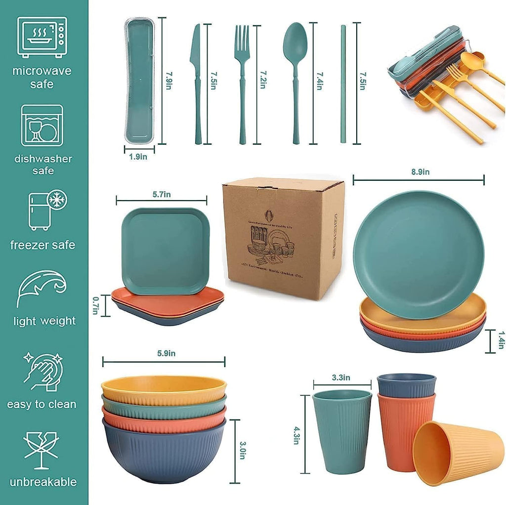 48Pcs Wheat Straw Dinnerware Sets, Unbreakable Plastic Plates and Bowls Sets, Dinner Sets for 4 People, Travel Picnic Camping Cutlery Set, Home Party Cutlery Set, Dishwasher Microwave Safe Dishes