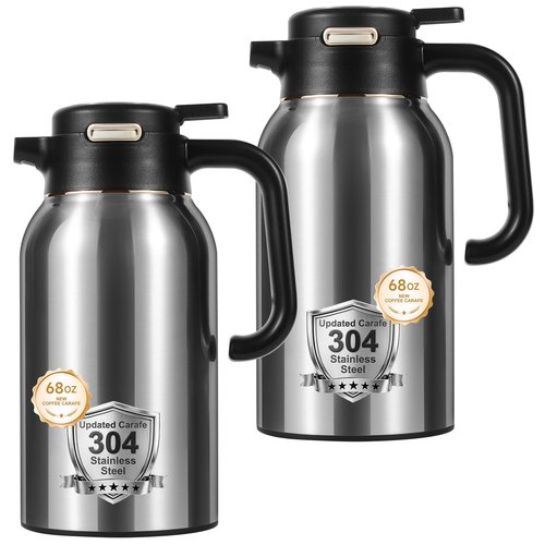 68 Oz Thermal Coffee Carafe, Stainless Steel Insulated Vacuum Coffee Carafes For Keeping Hot Liquid Thermal Pot Creamer Pitcher Dispenser(Silver/Silver)