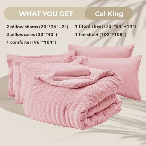 HYMOKEGE California King Comforter Set - Luxury 7-Piece Seersucker Bedding in Pink for All Seasons