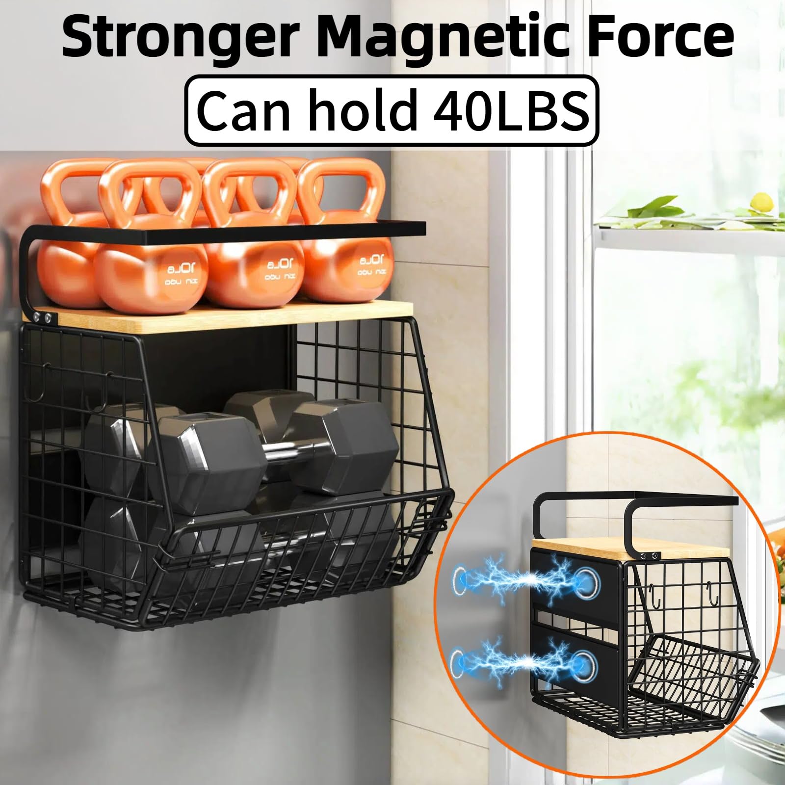 DecruKaltiz Magnetic Shelf for Fridge with Bamboo Lid,Fruit Vegetable Potato and Onion Wire Basket, Refrigerator Magnetic Spice Rack for Countertops, Cabinets, Laundry Rooms and RVs (Black, 1 Pack)