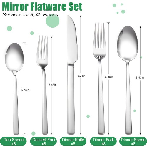 Silverware Set, 40 Piece Flatware Cutlery Set for 8, Stainless Steel Silverware Mirror Polished Dishwasher Safe for Home, Restaurant, Wedding, Party