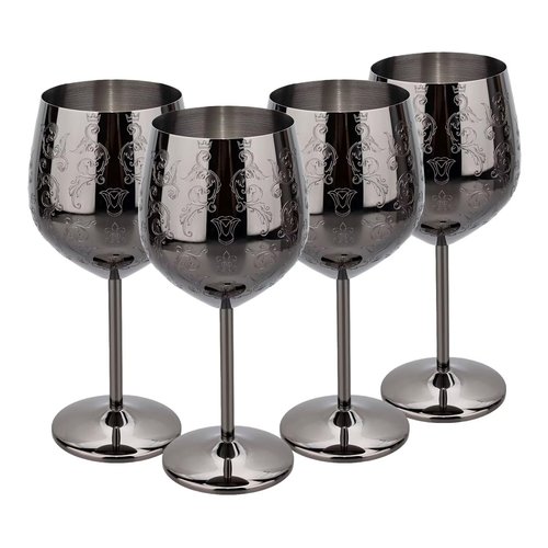 MeowvCraft Wine Glasses Stainless Steel Set of 4, 17oz Black Etched Goblets with Intricate Baroque Engravings, Royal Style Lightweight Shatterproof Wine Cups Gift for Home, Restaurant, Bar, Outdoor