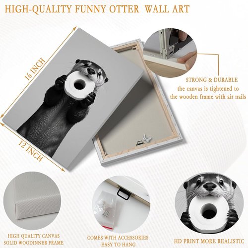 Funny Otter Wall Art by [Brand Name] - Humorous Black and White Canvas Print for Bathroom Decor | 12x16''