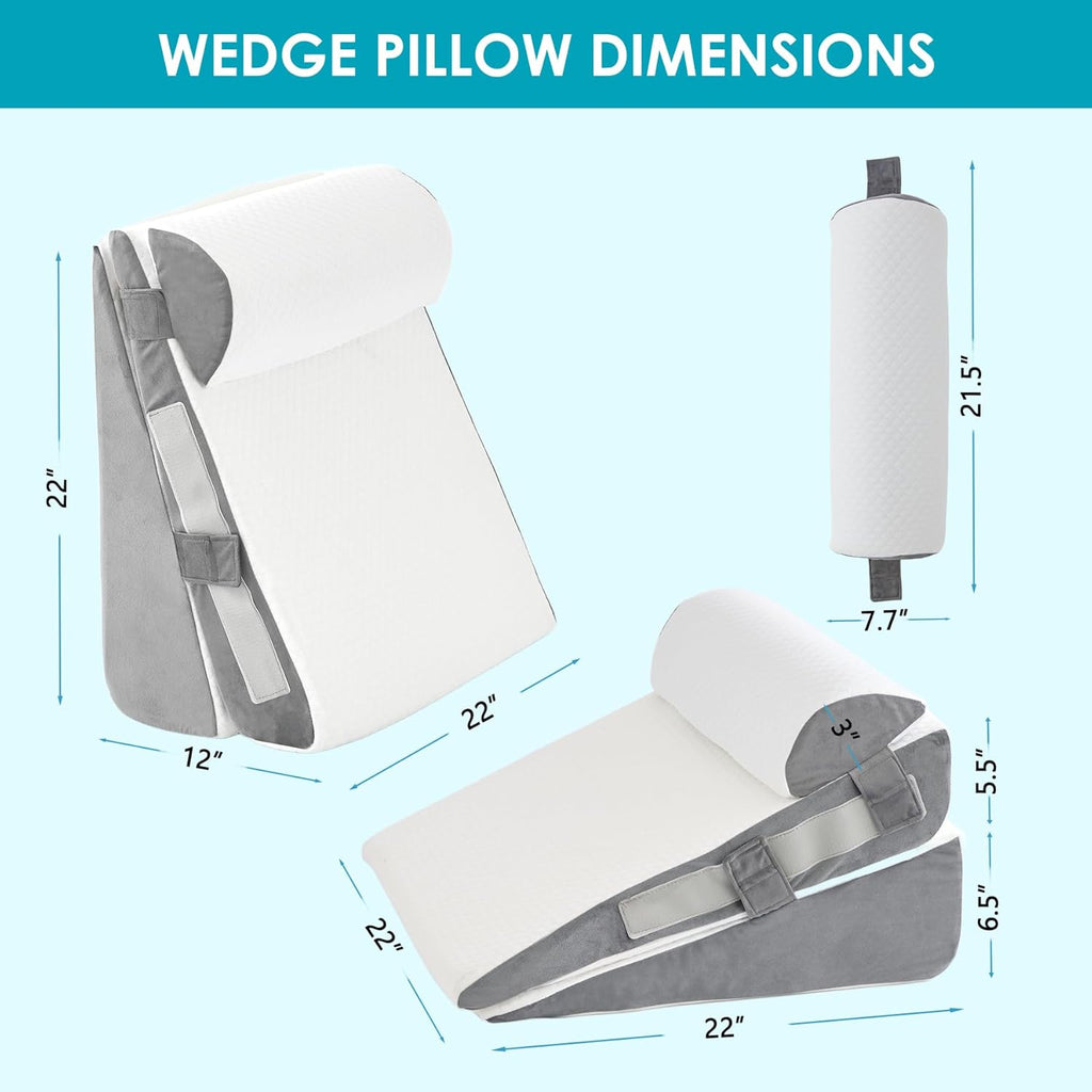 Skiennix Wedge Pillow Set - Adjustable Memory Foam for Acid Reflux Relief | 3-Piece White & Grey