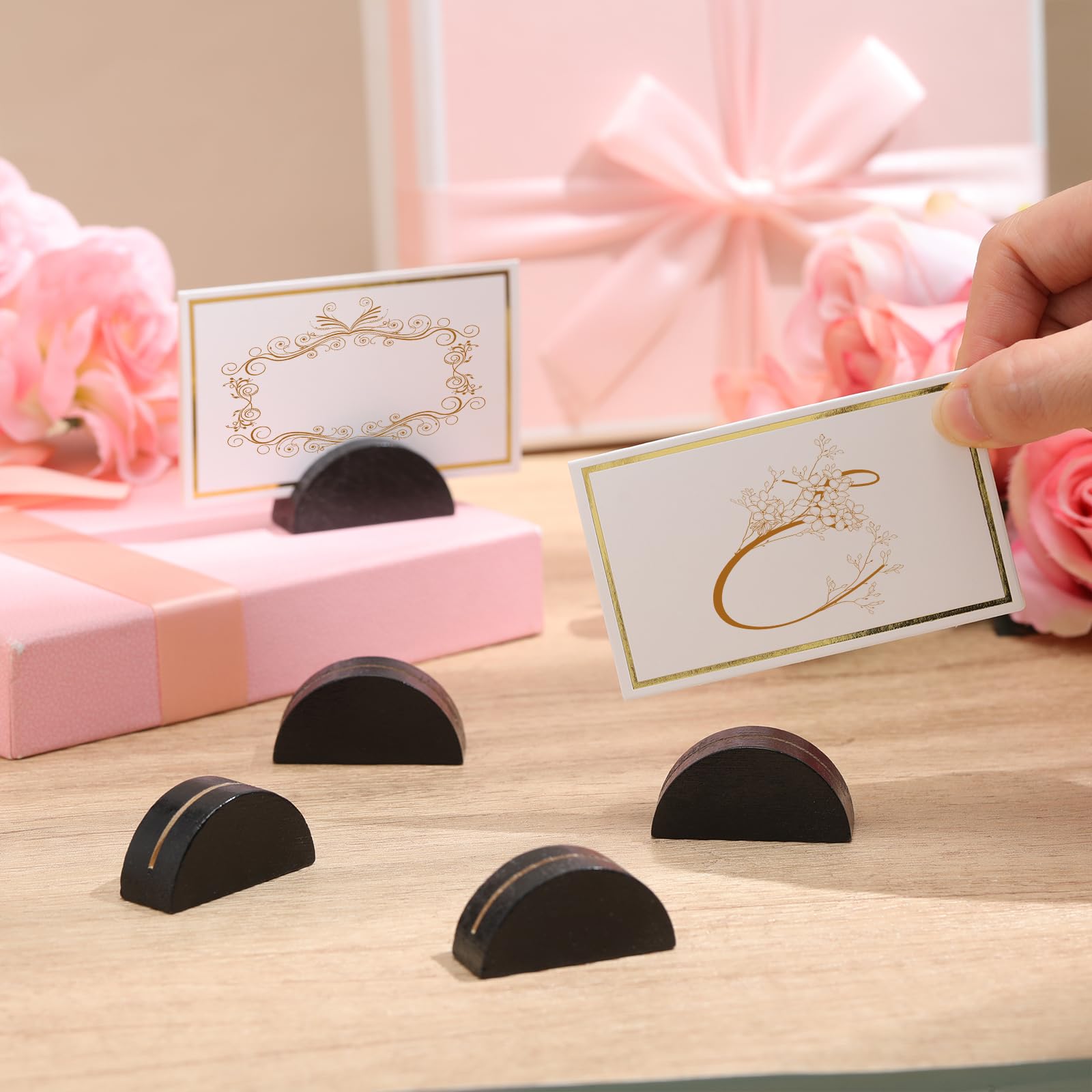 Colingmill 24 Pcs Wooden Table Number Stands Wedding Table Name Holder Semicircular Design Place Card Holders with 24 Pcs Tented Cards for Retail Shop Wedding Party Events Decoration(Black)