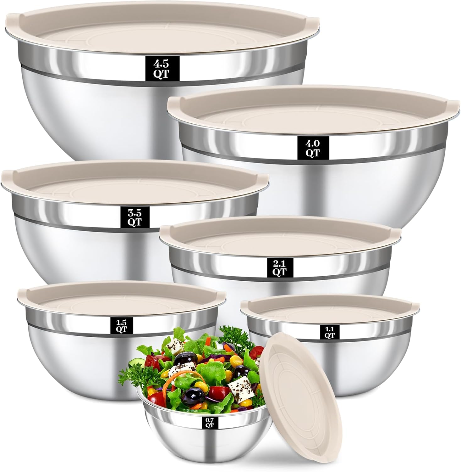 Stainless Steel Mixing Bowls Set by [Brand Name] - 7PCS Nesting Bowls with Lids for Baking & Meal Prep | Dishwasher Safe, Khaki