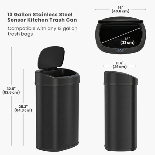 iTouchless 13 Gallon Oval Automatic Garbage Can with Odor Filter, 50L Touchless Kitchen Wastebasket, Smart Hands-Free Motion Sensor Lid, Fingerprint-Proof, Soft-Close, Modern Matte Black Finish