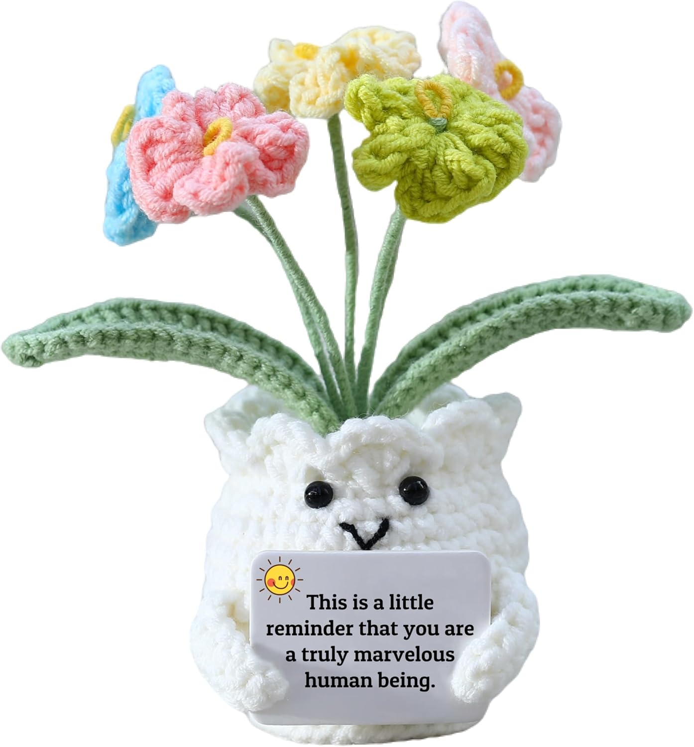 YOOJEE Forget-Me-Not Positive Crochet Flowers Plants Gift Handmade Desk Decor with Card “This is a Little Reminder” Appreciation Inspirational Gift for Coworkers Women Employee Teacher Best Friend Mom