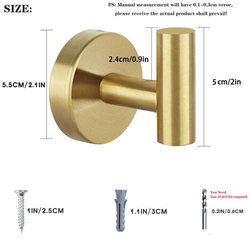 Homagic Towel Hooks for Bathroom 2 Packs Screw- in Gold Wall Mount Towel Holder Towel Rack, Heavy Duty Robe Coat Loofah Hooks for Shower, Kitchen,Hotel, Pool Tile, Brick Modern Style Decor Wall Hooks