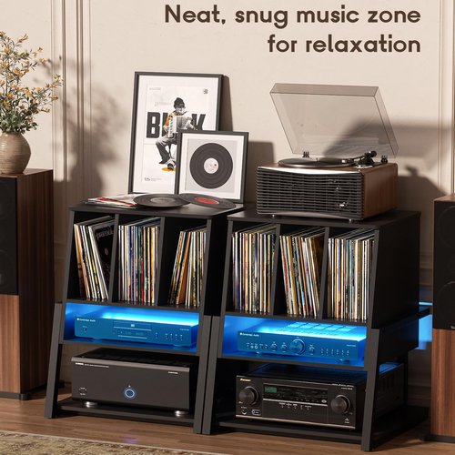 Homieasy Record Player Stand with Power Outlet & Smart LED, 3-Tier Vinyl Record Storage Cabinet for 200+ Albums, 22" Turntable Station with Wooden Dividers, Modern End Table for Small Space, Black