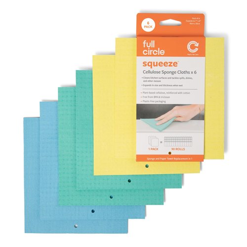 Full Circle Squeeze Swedish Dish Cloths – 6 Pack Reusable Cellulose Sponge Cloths, Super Absorbent Microfiber Cleaning Towels, Paper Towel Alternative, Color-Coded, Eco-Friendly, & Dishwasher Safe