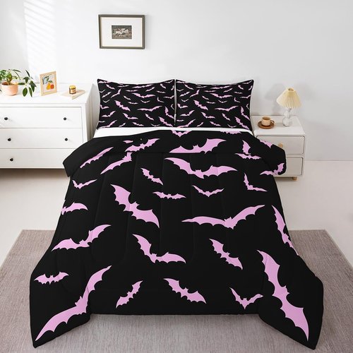 Erosebridal Halloween Bedding Set Full Size for Kids Boys Youth Pink Bats Comforter Set Happy Holiday Gothic Quilt with 2 Pillow Cases Spooky Animal Bedding Comforter Sets