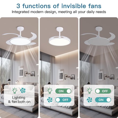 AHAWILL Retractable Ceiling Fan with Lights and Remote,42'' Fandelier Ceiling Fan with Dimmable Full Spectrum,Timer Setting,Silent DC Motor,Modern Bladeless Fan for Bedroom Dining Room,White