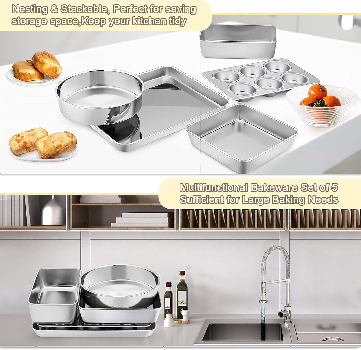 TeamFar Bakeware Set - Heavy-Duty Stainless Steel Baking Pans | 5-Piece Set with Cake, Loaf & Muffin Pans