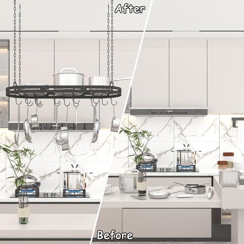 33” Hanging Pot Rack Ceiling Mount, Black Metal Pan Rack Hanging with 15 Hooks, Oval Pots and Pans Hanging Rack, Ceiling Hanging Pot Racks with Grid, Pan and Pot hangers for Kitchen Cookware Utensils