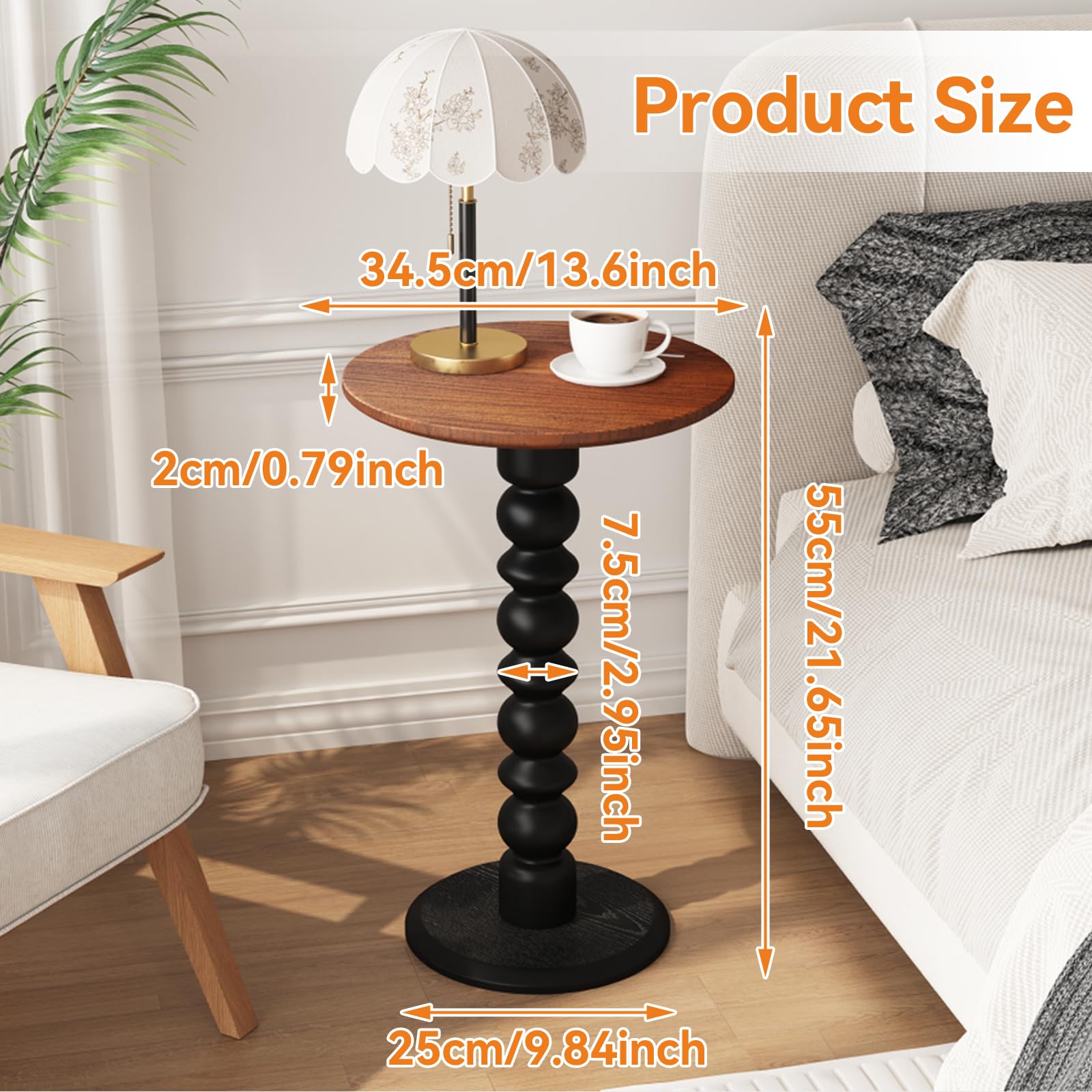 zaowofires Solid Wood Round Side Table, Small Drink Table,Cocktail Table, Wooden Pedestal End Table, Plant Stand for Living Room, Bedroom，Office and Corners(Walnut/Black)